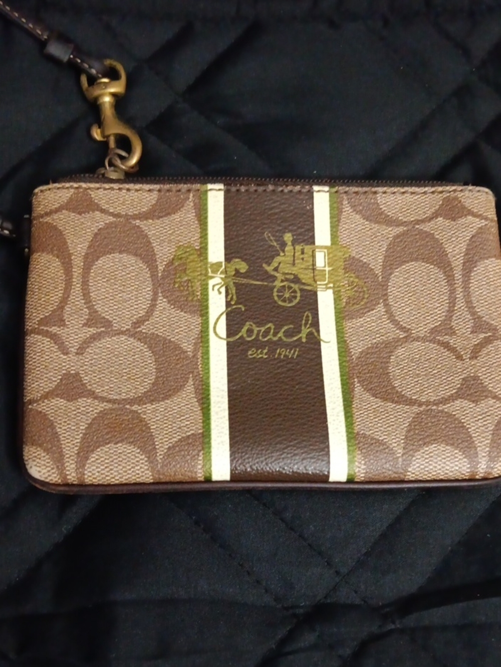 Coach Brown Signature Canvas Wristlet with Green and Cream Stripes
